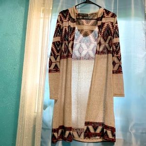 Almost Famous, size S, woman’s long cardigan with hood, cream/tan, lightweight